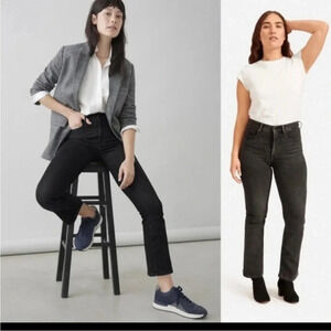 EVERLANE The Authentic Stretch Slim Bootcut Jean Raw Hem Size 27 Black.